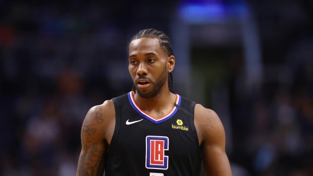 Kawhi Leonard during a timeout.